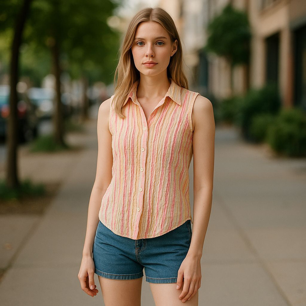 Unique Spectrum VTG‎ Butter yellow & pink striped sleeveless shirt Size Medium